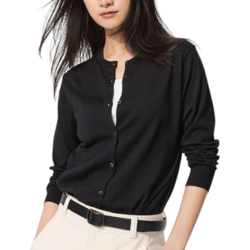 Uniqlo Womens XL Black Cotton Modal Knit Crew Neck Button Front Cardigan Sweater